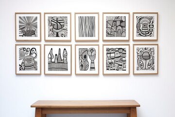 series of black and white woodcut art prints