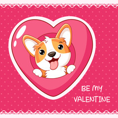 Cute Valentine card in kawaii style. Lovely little corgi puppy with pink heart. Inscription  Be my Valentine. Can be used for t-shirt print, stickers, greeting card design. Vector illustration EPS8