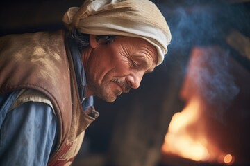 baker removing hot bread from stone oven