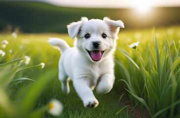 Cute puppy running on the grass