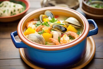 fresh bouillabaisse in a terracotta pot with seafood on top