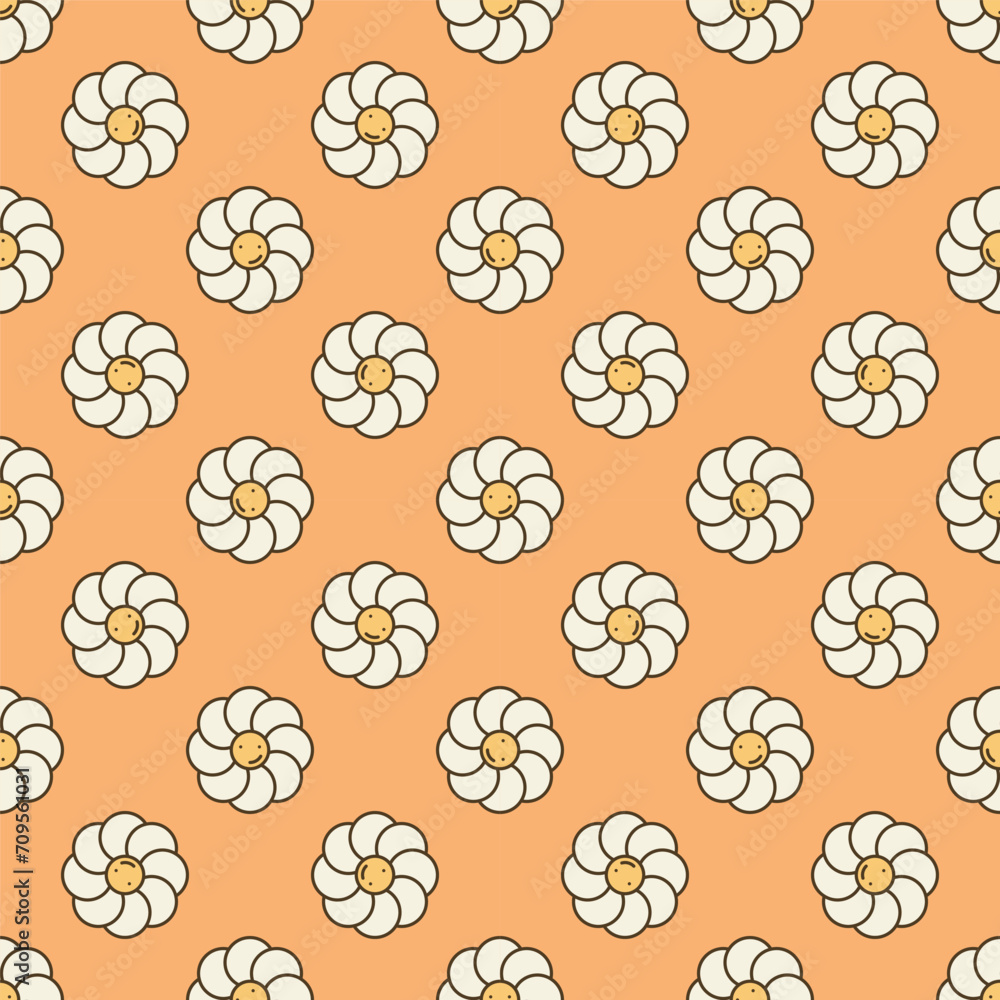 Poster beautiful flower with smiling face vector groovy style colored seamless pattern