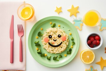 childs plate with broccoli rice and smiley face