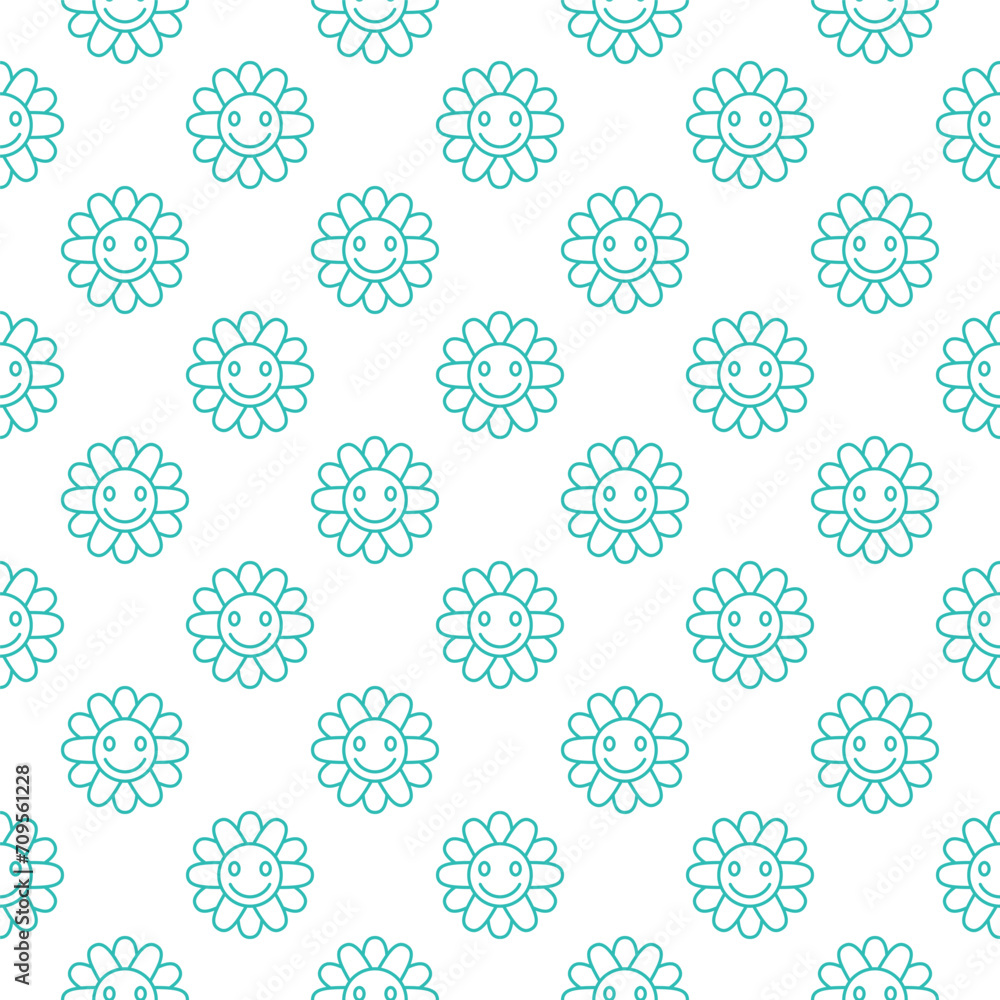 Poster flower with cute smiling face vector hippie retro style seamless pattern in thin line style