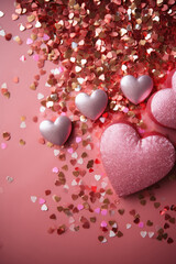 Valentine's day background with pink hearts and confetti.