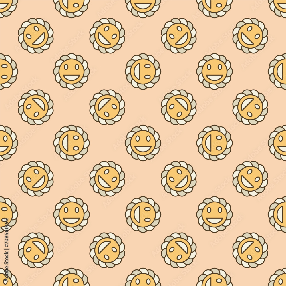 Poster beautiful smiling flower vector colored seamless pattern in groovy style