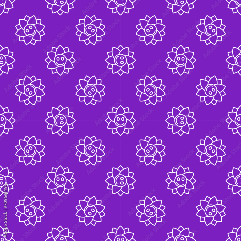 Poster cute flower with smiling face vector seamless pattern in thin line style