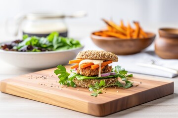 quinoa burger with sweet potato fries on a bamboo board