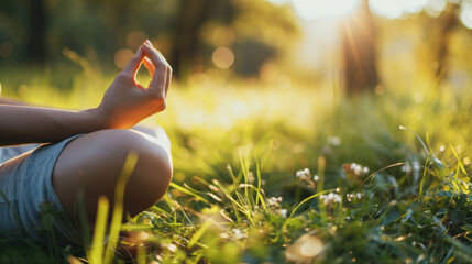 Close-up of a person sitting cross-legged on the grass in a meditative pose, surrounded by a serene, sunlit green forest environment. - obrazy, fototapety, plakaty