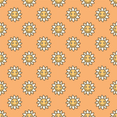 Groovy Smiling Flower Character vector simple colored seamless pattern