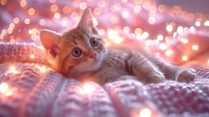 Cute Ginger Kitten Relaxing on Cozy Knitted Blanket with Lights Generative AI
