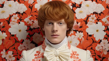 Stylish redhead young man in sophisticated vintage fashion. Vintage Attire with Floral Background. Generative AI