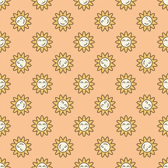 Hippie Groovy Smiling Flower vector colored seamless pattern