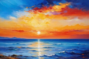 Landscape with sunset on sea, oil painting, artistic background