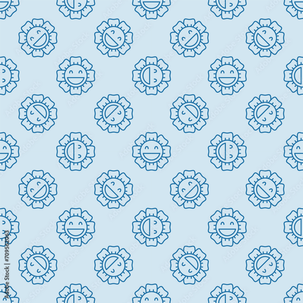 Poster smiling flower in groovy 60s or 70s style vector minimalist thin line seamless pattern