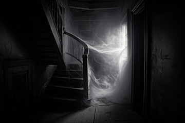Horror, fantasy, interior concept. Scary, very old, dusty and abandoned house with stairs, wooden walls and window. White material like ghost levitating in empty corridor