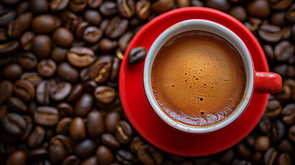 red a cup of coffee ,on the coffee beans background,text copy space