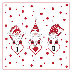 Three cute Scandinavian gnomes holding red hearts  with 