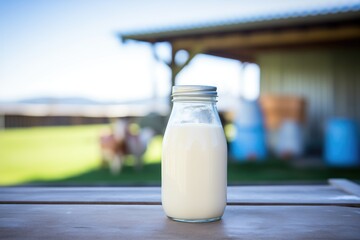 open kefir bottle with a dairy farm in the background - obrazy, fototapety, plakaty