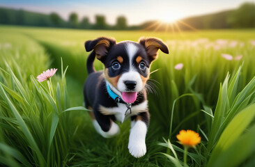 Cute puppy running on the grass