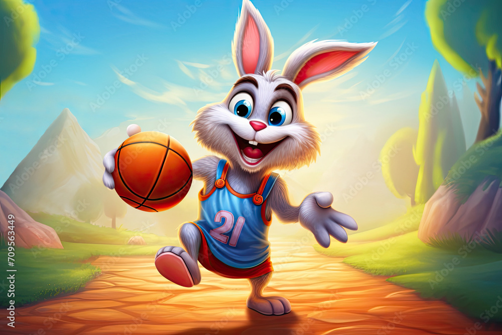 Wall mural funny illustration of a happy easter bunny playing basketball