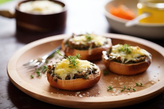 baked escargot in mushroom caps with cheese