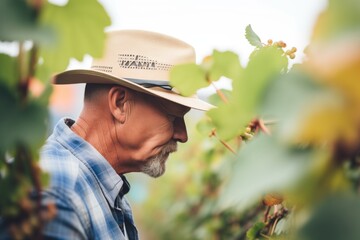 farmer wearing a hat inspecting grape vines in a vineyard