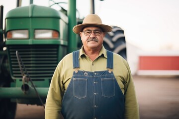 a farmer standing proudly in front of a green tractor and plow