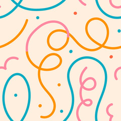 Naive seamless squiggle pattern with bright pink and purple wavy lines on a light background. Creative abstract squiggle style drawing background.