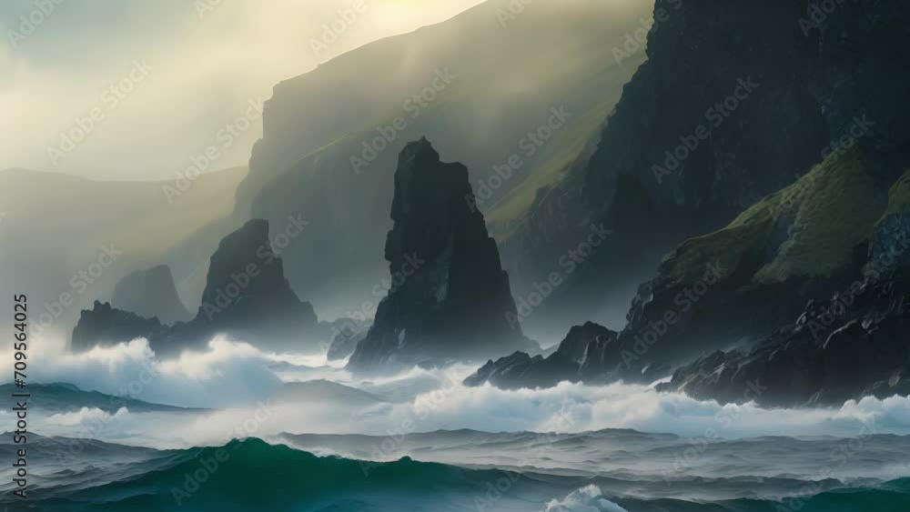 Poster as the fog settles in, it creates a surreal backdrop for the rugged cliffs and crashing waves of the