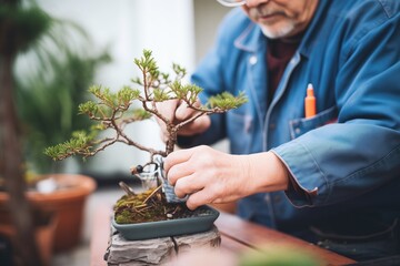 close-up of a florists hands pruning a bonsai tree