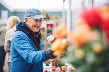 customer choosing roses from an outdoor flower display