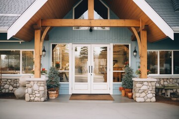 wooden lodge with a welcoming open front door - obrazy, fototapety, plakaty