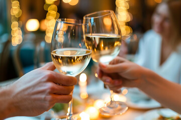 Elegant White Wine Cheers Intimate Dinner Celebration - Powered by Adobe