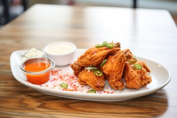 crispy fried chicken with hot sauce on side