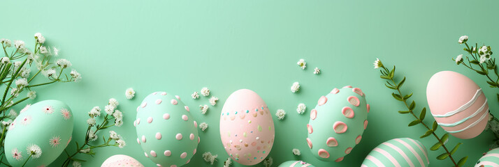 Easter banner with willow and easter eggs on green background
