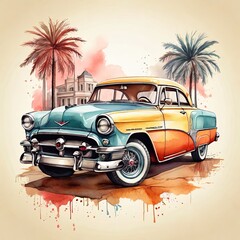 Vintage car on watercolor background. Hand drawn illustration