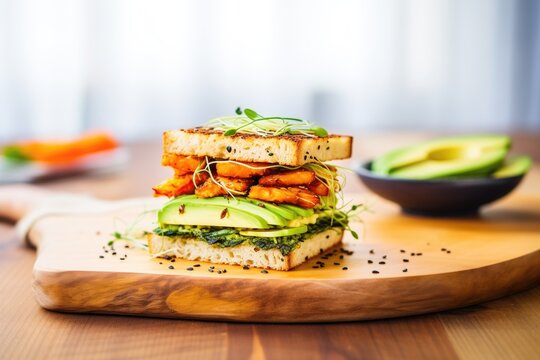 halloumi sandwich with avocado and sprouts on a wooden board