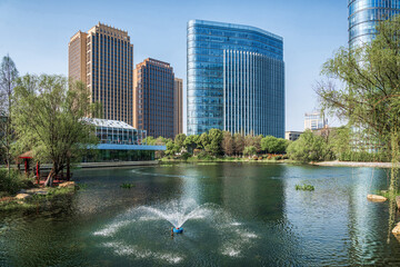 Dynamic Water Fountain in Urban Park Setting