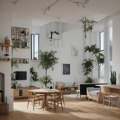 Ai generate a depict the room in the living room, with a minimalist wooden table, chairs, with white walls, with a bright atmosphere from sunrise.