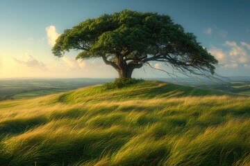 There is a tree in the field grass swaying in the wind professional photography