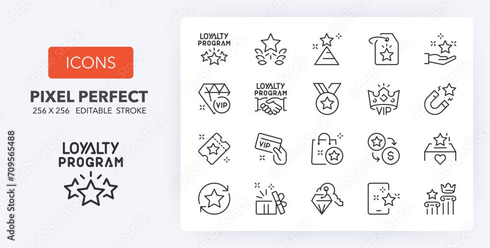 Wall mural loyalty programs thin line icon set. outline symbol collection. editable vector stroke. 256x256 pixe