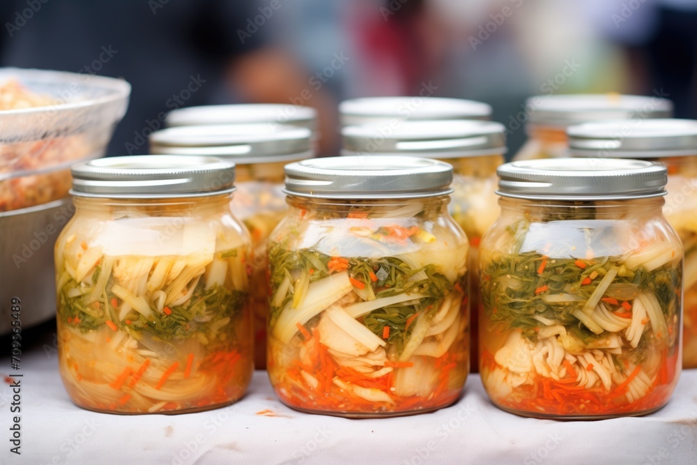 Sticker jars of kimchi lined up for sale at a local food market