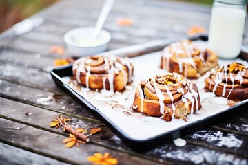 cinnamon rolls with white icing on a baking sheet
