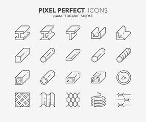 Line icons about steel products. Outline symbol collection. Editable vector stroke. 64x64 Pixel Perfect.