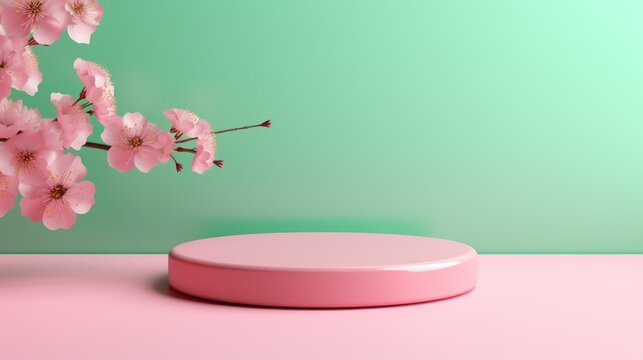 Pink round podium on a green background with a cherry blossom tree branch. A minimalistic pedestal for the promotion of a cosmetic product.