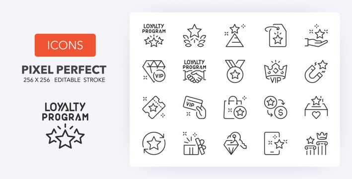 Loyalty programs thin line icon set. Outline symbol collection. Editable vector stroke. 256x256 Pixel Perfect scalable to 128px, 64px...