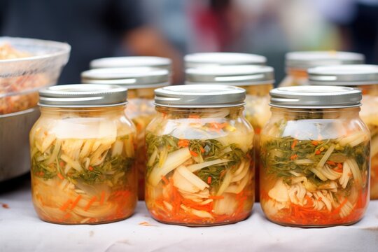 jars of kimchi lined up for sale at a local food market