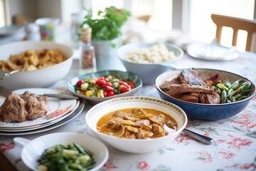 table spread with lamb korma feast, various side dishes included - obrazy, fototapety, plakaty