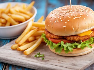 Fresh tasty chicken burger and french fries on the wooden table close up generative ai